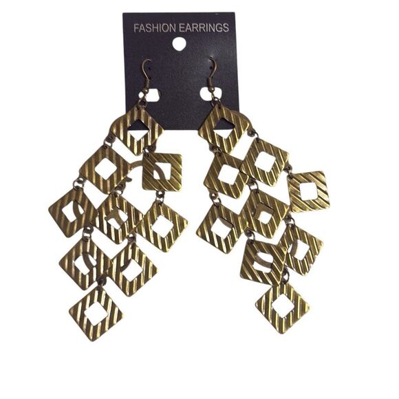 Bronze Geometric Square Hollow Chandelier Dangle Fashion Earrings Deco Boho 4.5" - Picture 1 of 5